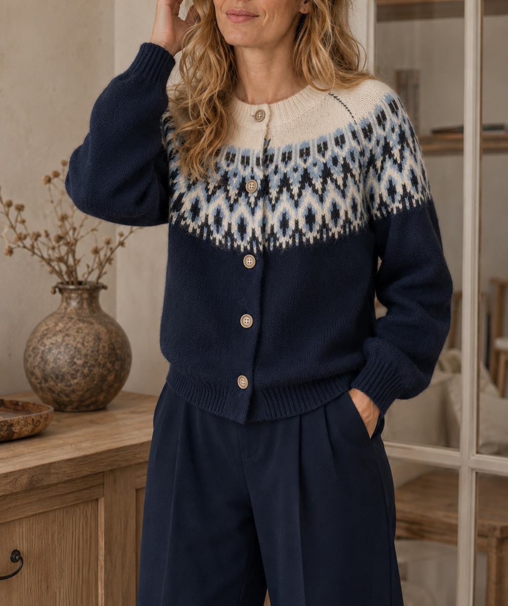 Gilet Astrid imprimé jacquard – bleu marine – Beautiful Shop