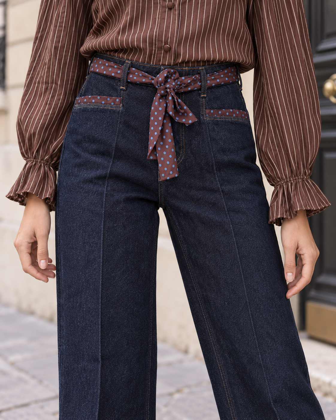 Jean large Joséphine avec ceinture foulard à pois – bleu brut – Beautiful Shop