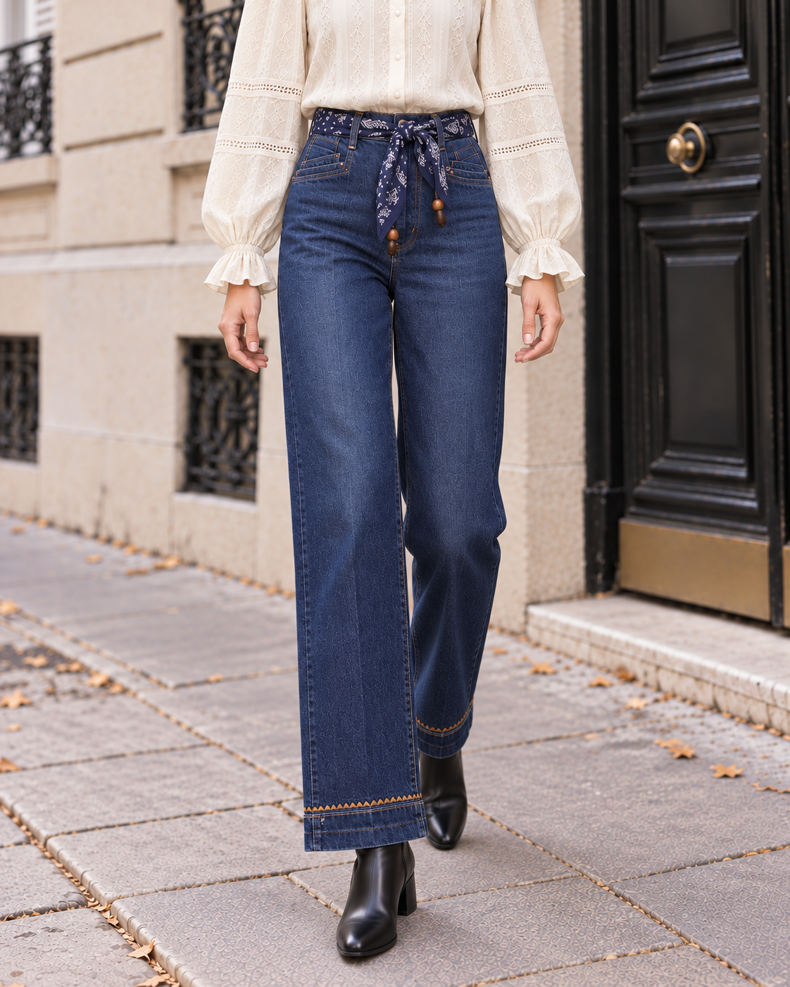 Jean wide leg Louise avec ceinture foulard – bleu – Beautiful Shop