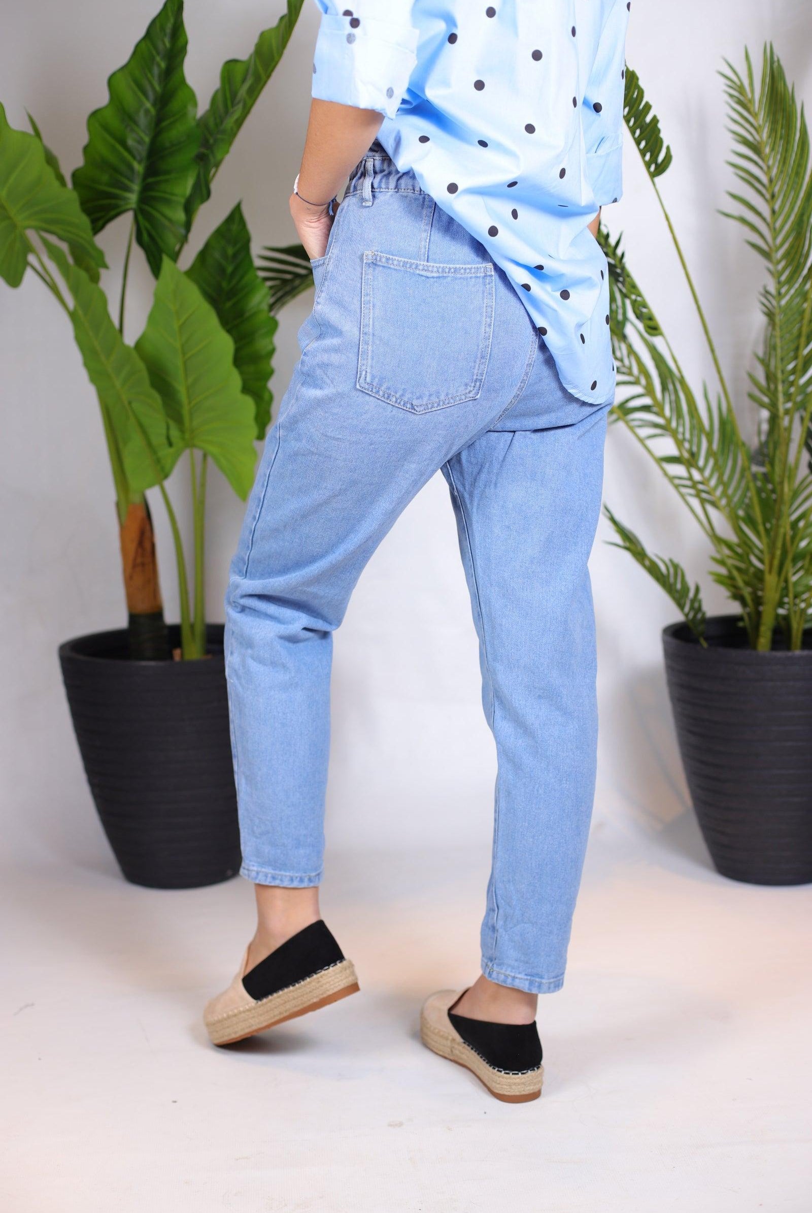 jeans Mom bleu élastique à la taille - beautifulshop