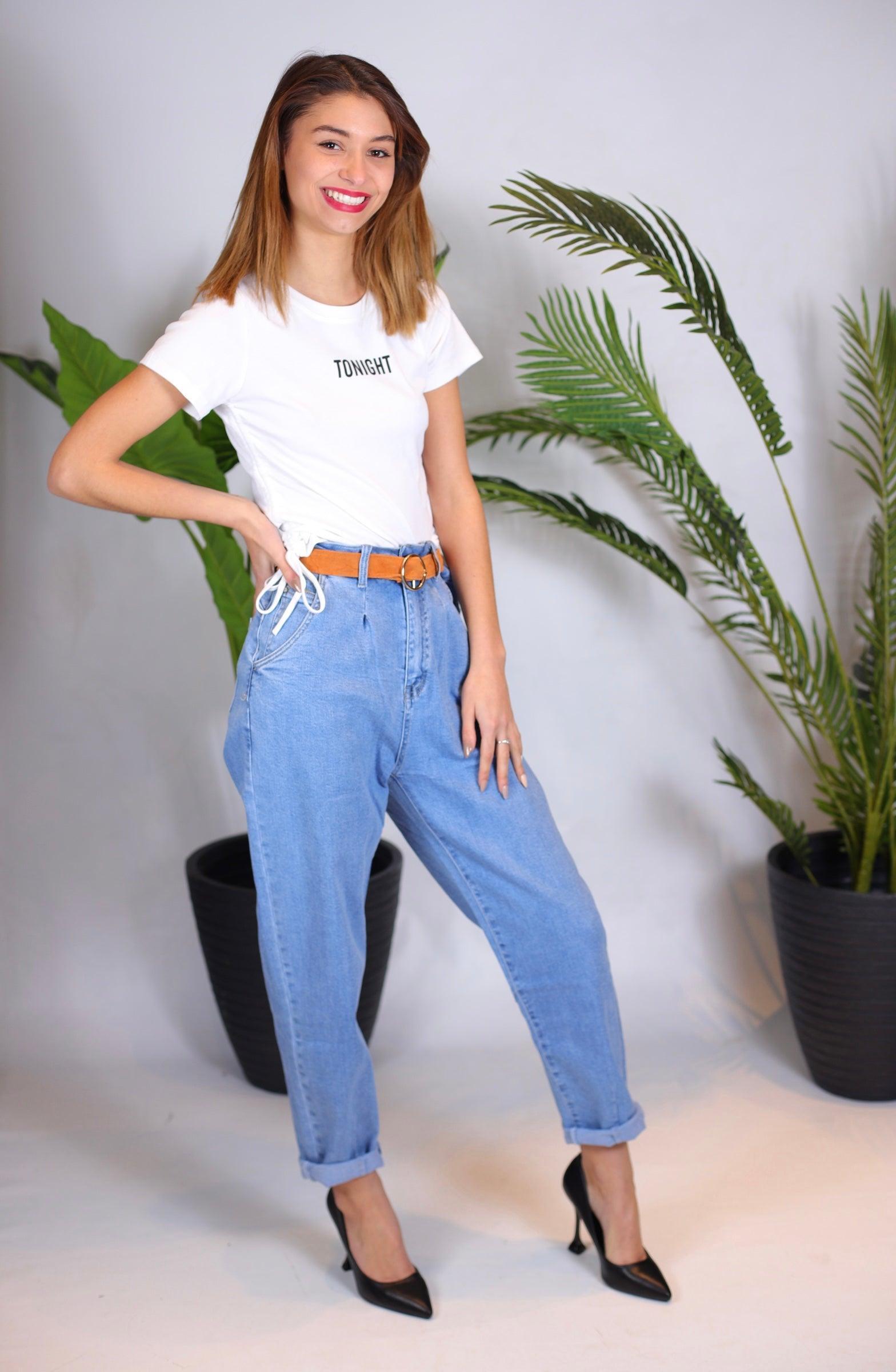 Jeans mom fit bleu - beautifulshop