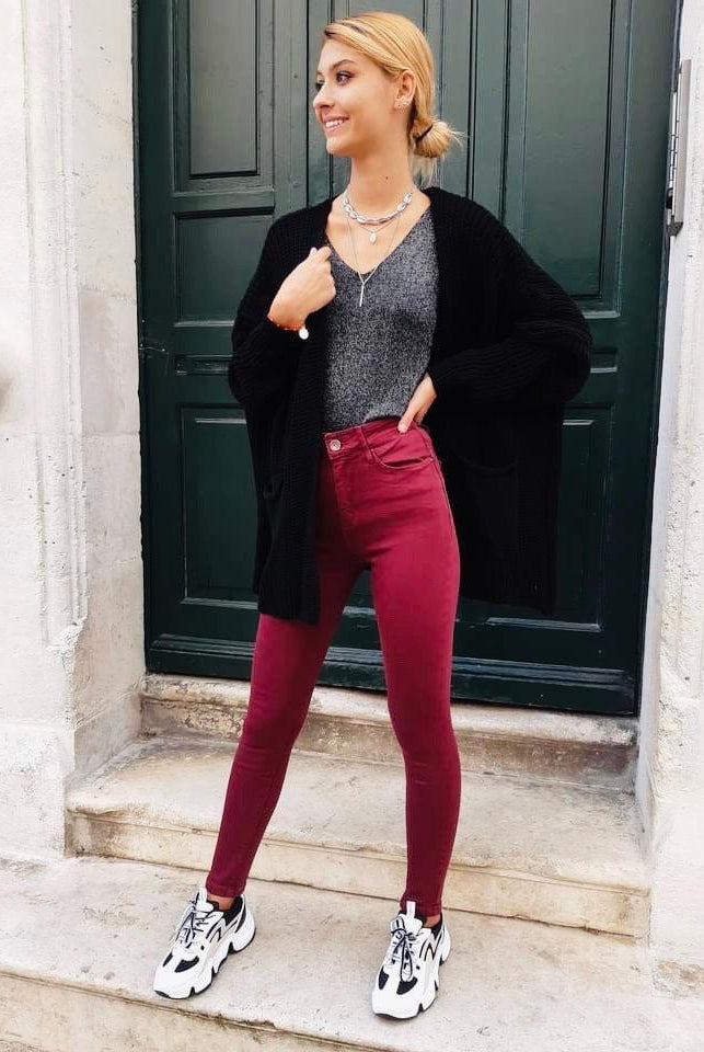 Jeans rouge bordeau taille haute - beautifulshop