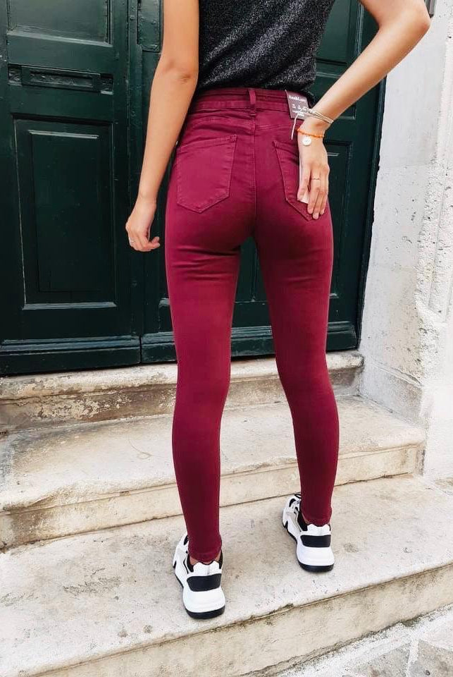 Jeans rouge bordeau taille haute - beautifulshop