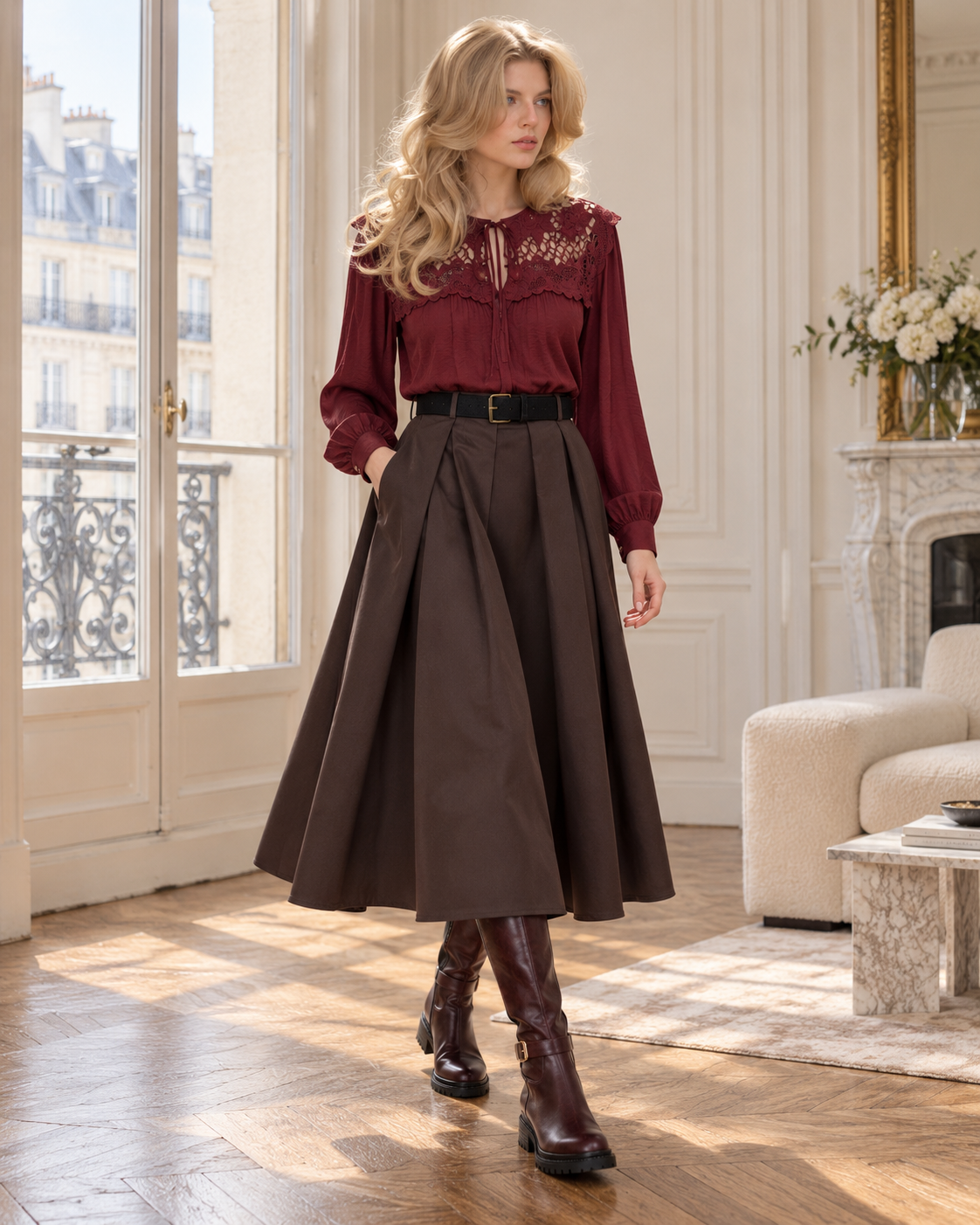 Jupe midi Juliette avec ceinture – chocolat – Beautiful Shop