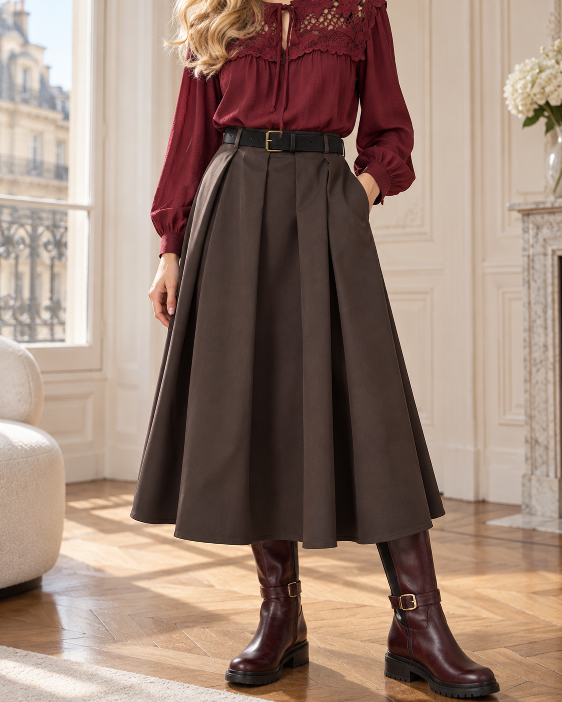 Jupe midi Juliette avec ceinture – chocolat – Beautiful Shop