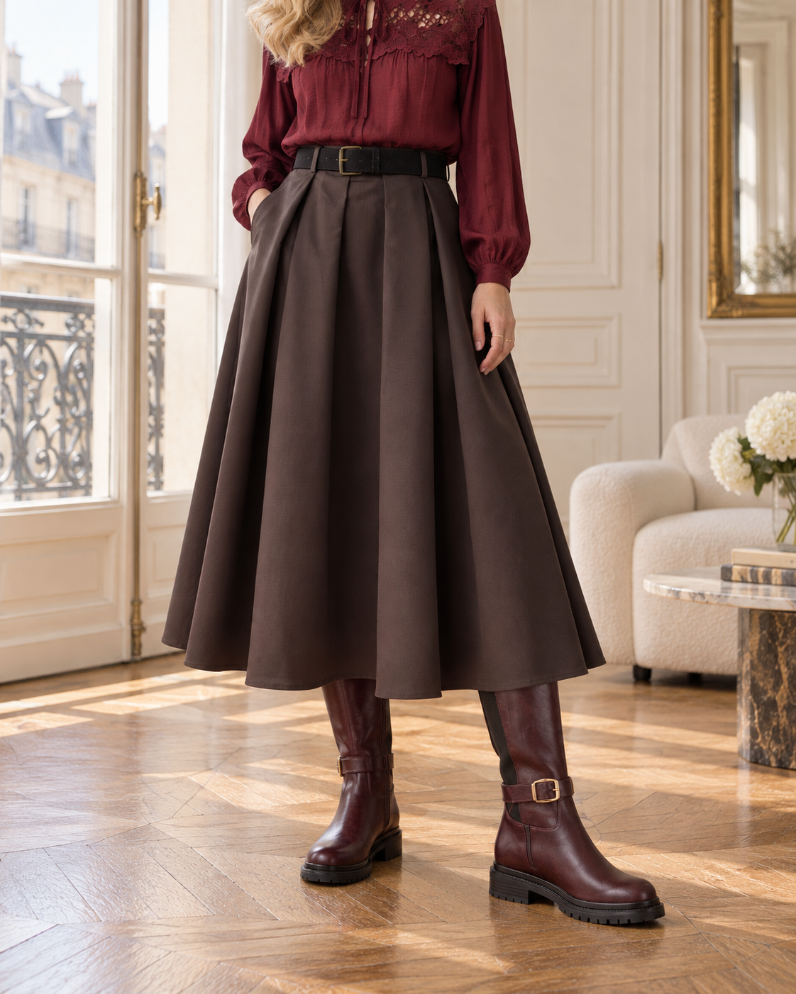 Jupe midi Juliette avec ceinture – chocolat – Beautiful Shop