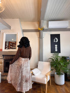 jupe mi-longue femme, jupe imprimée artistique, jupe fluide taille élastique, jupe bohème chic, jupe évasée polyester recyclé, jupe élégante automne hiver