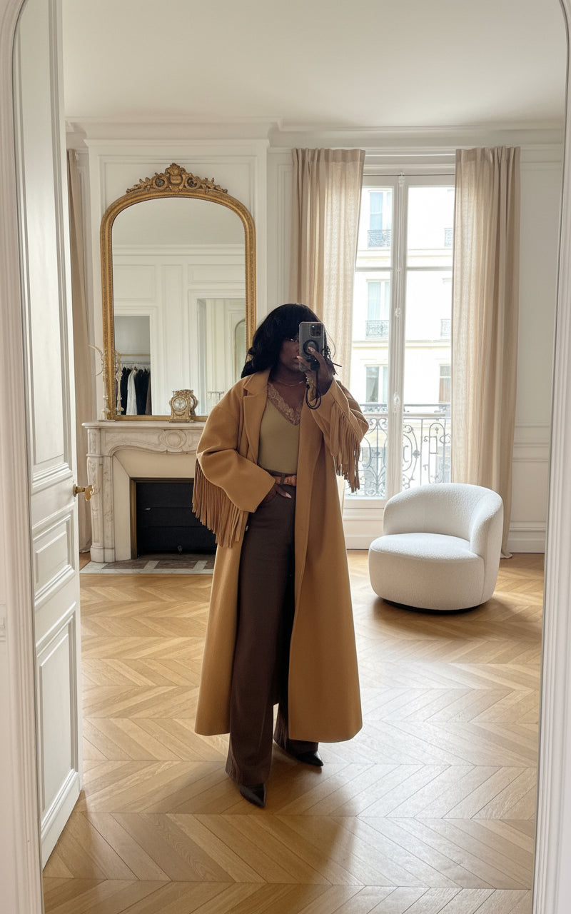 Manteau camel à franges – Beautiful Shop