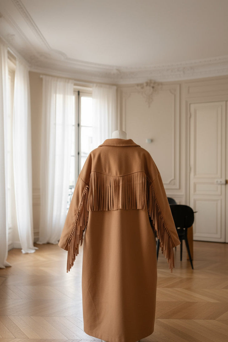 Manteau camel à franges – Beautiful Shop