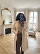 Manteau long beige à col en fausse fourrure amovible – Beautiful Shop