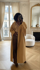 manteau camel femme, manteau à franges, manteau long tendance hiver, manteau style western, manteau oversize beige, manteau chic automne hiver femme