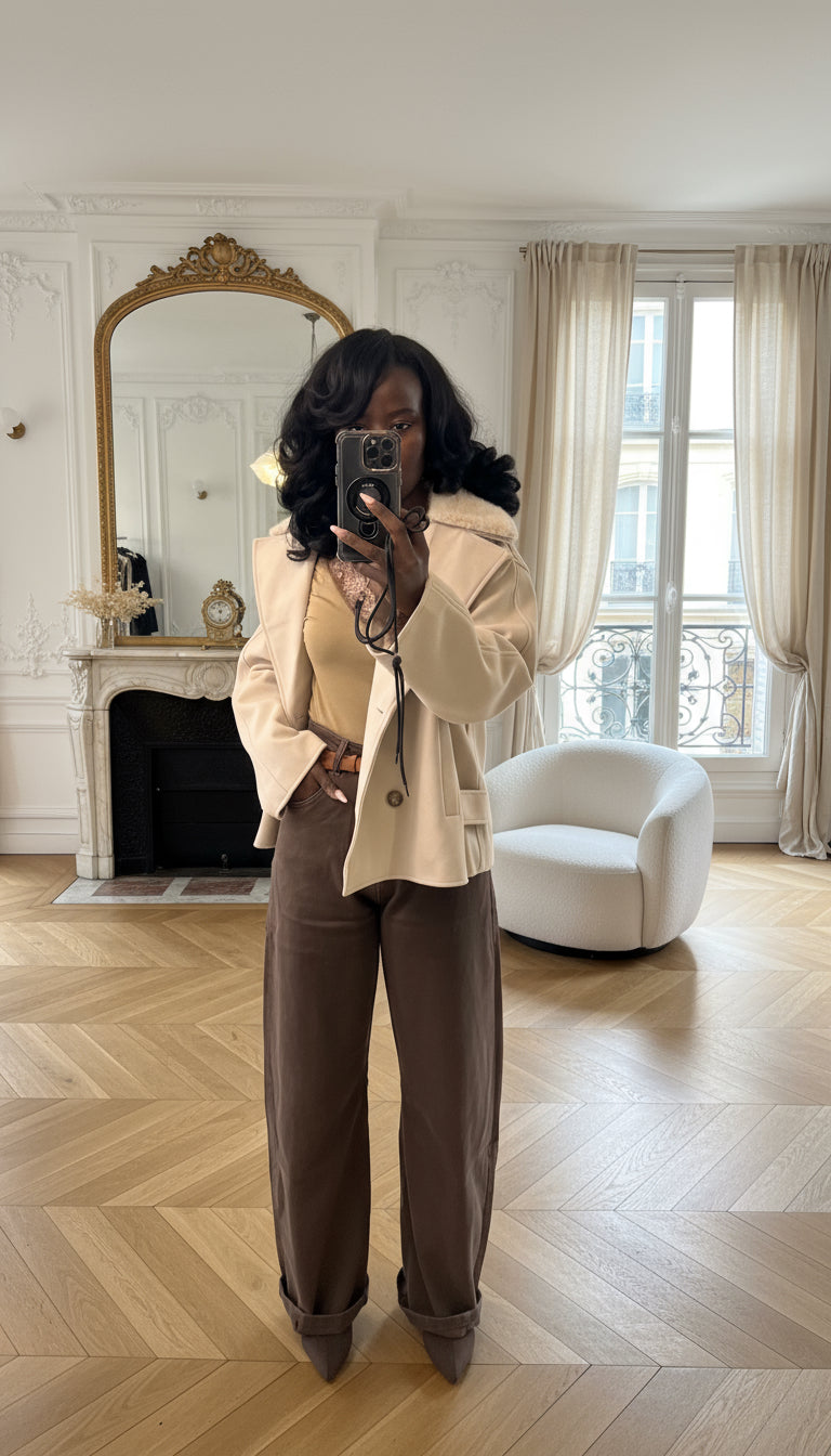 manteau court femme hiver, manteau col fausse fourrure beige, manteau élégant coupe droite, manteau chic automne hiver, veste femme double boutonnage