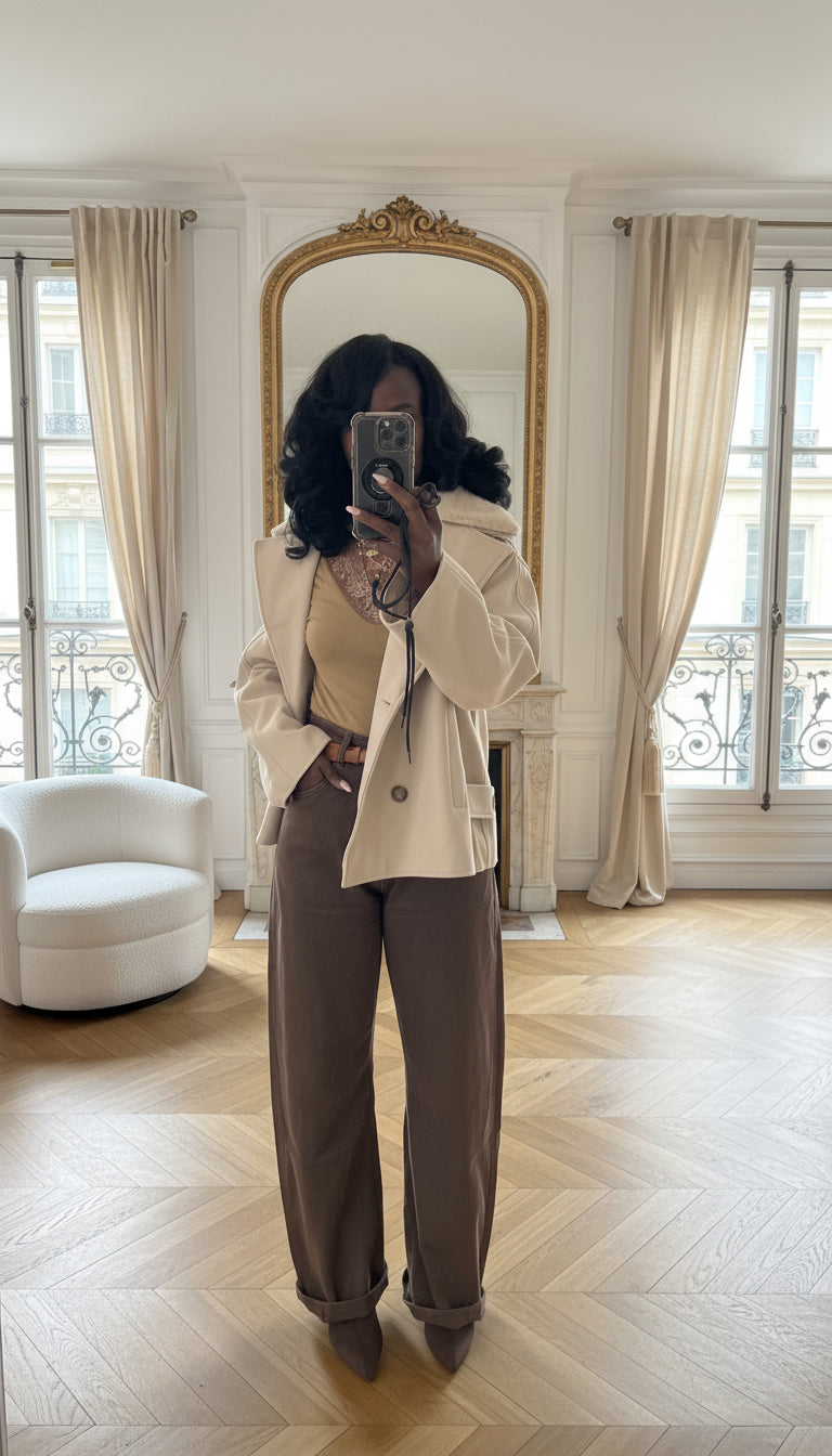 manteau court femme hiver, manteau col fausse fourrure beige, manteau élégant coupe droite, manteau chic automne hiver, veste femme double boutonnage