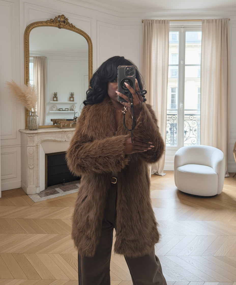 manteau fausse fourrure chocolat femme, manteau long fourrure hiver, manteau marron oversize chaud, manteau peluche tendance, fausse fourrure chic femme