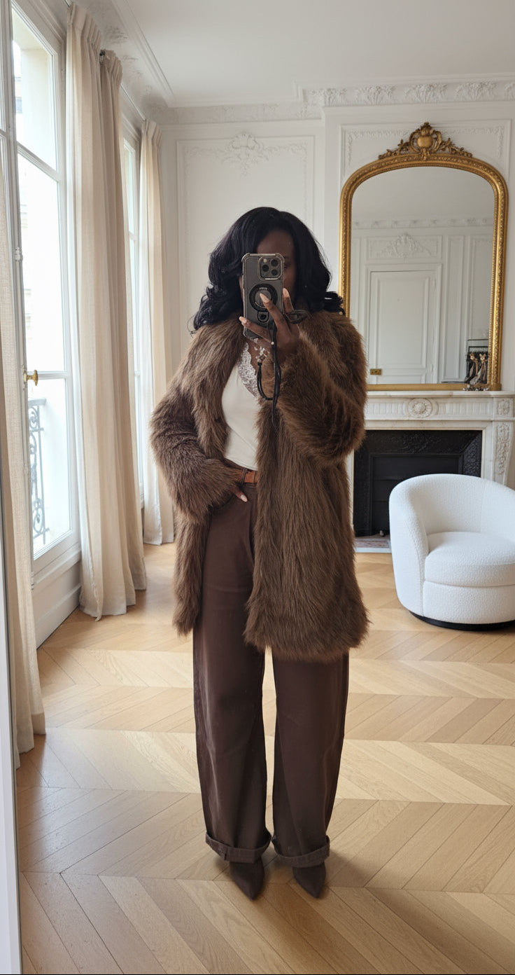 manteau fausse fourrure chocolat femme, manteau long fourrure hiver, manteau marron oversize chaud, manteau peluche tendance, fausse fourrure chic femme