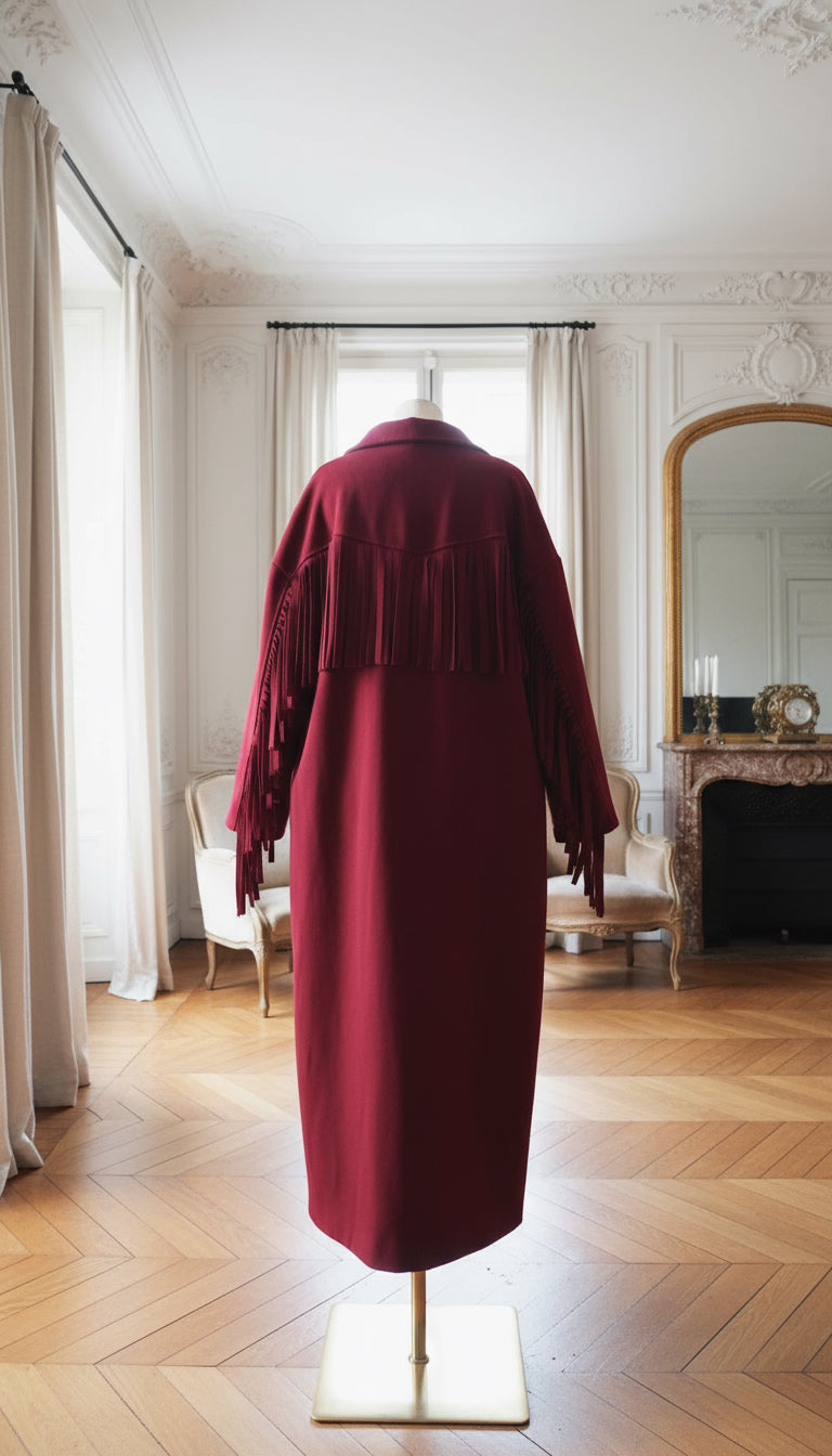 manteau franges bordeaux, manteau oversize femme, manteau western chic, manteau long italien, manteau tendance automne hiver, manteau frangé rouge