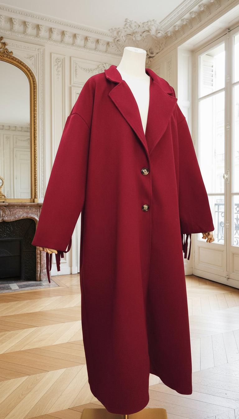 manteau franges bordeaux, manteau oversize femme, manteau western chic, manteau long italien, manteau tendance automne hiver, manteau frangé rouge