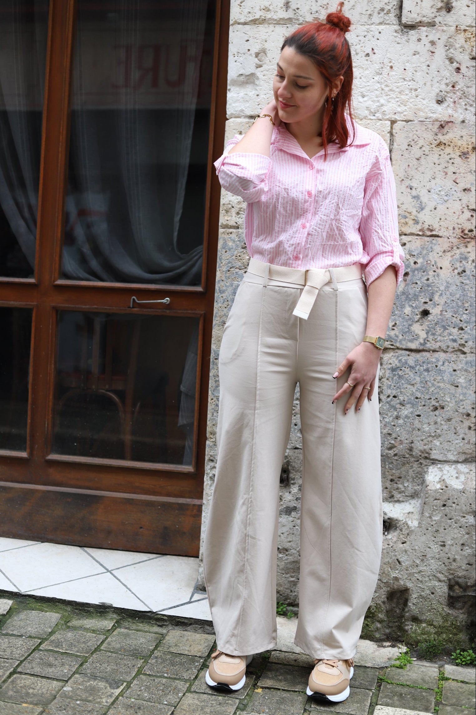 Pantalon beige coupe barrel avec ceinture – Beautiful Shop