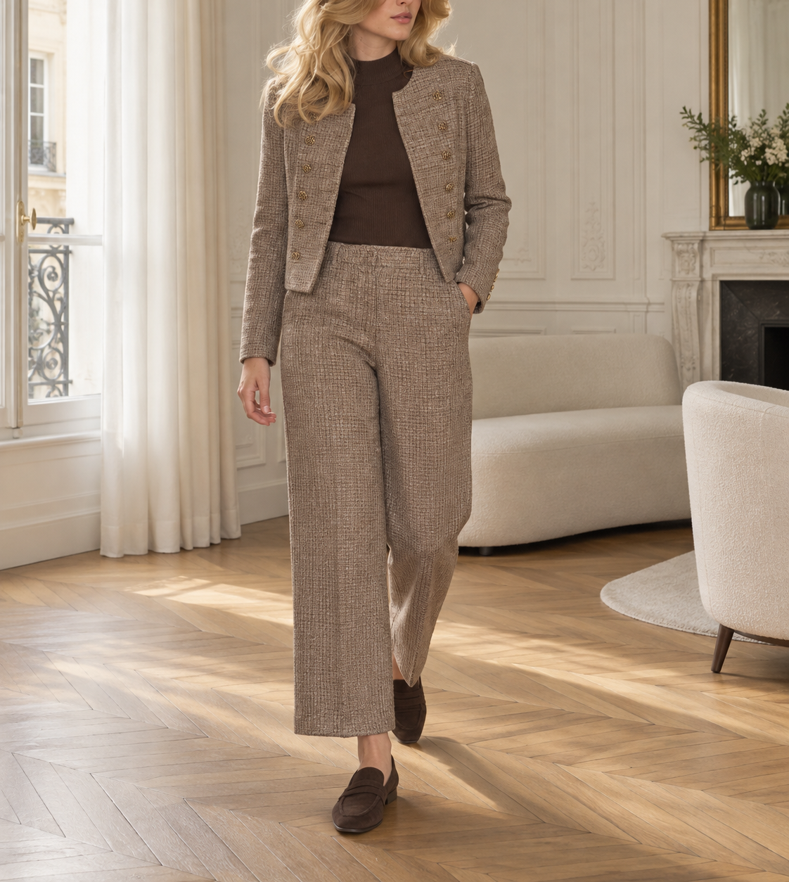 Pantalon droit en tweed Éléonore – marron – Beautiful Shop