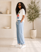 Pantalon en jean bleu clair à taille élastiquée et cordon – Beautiful Shop