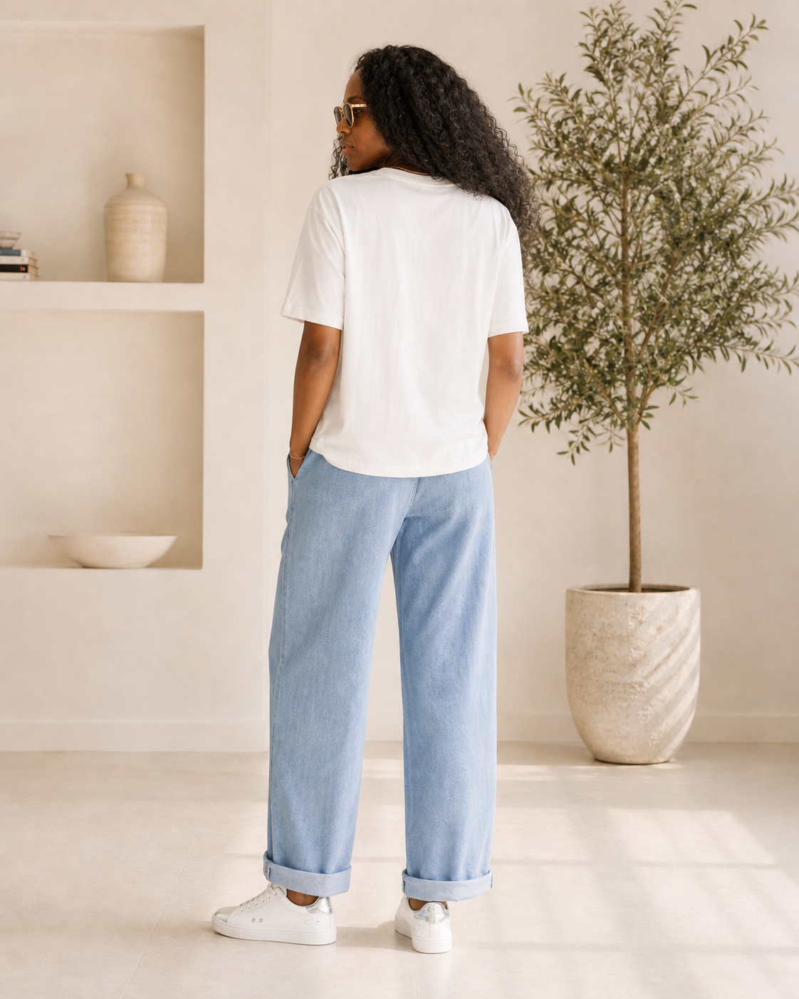Pantalon en jean bleu clair à taille élastiquée et cordon – Beautiful Shop