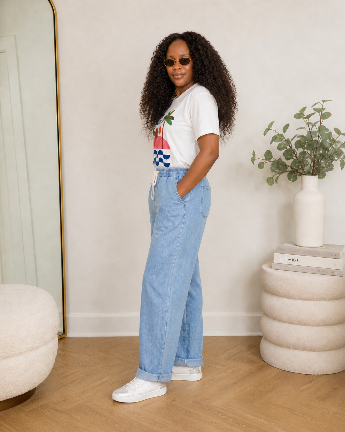 Pantalon en jean bleu clair à taille élastiquée et cordon – Beautiful Shop