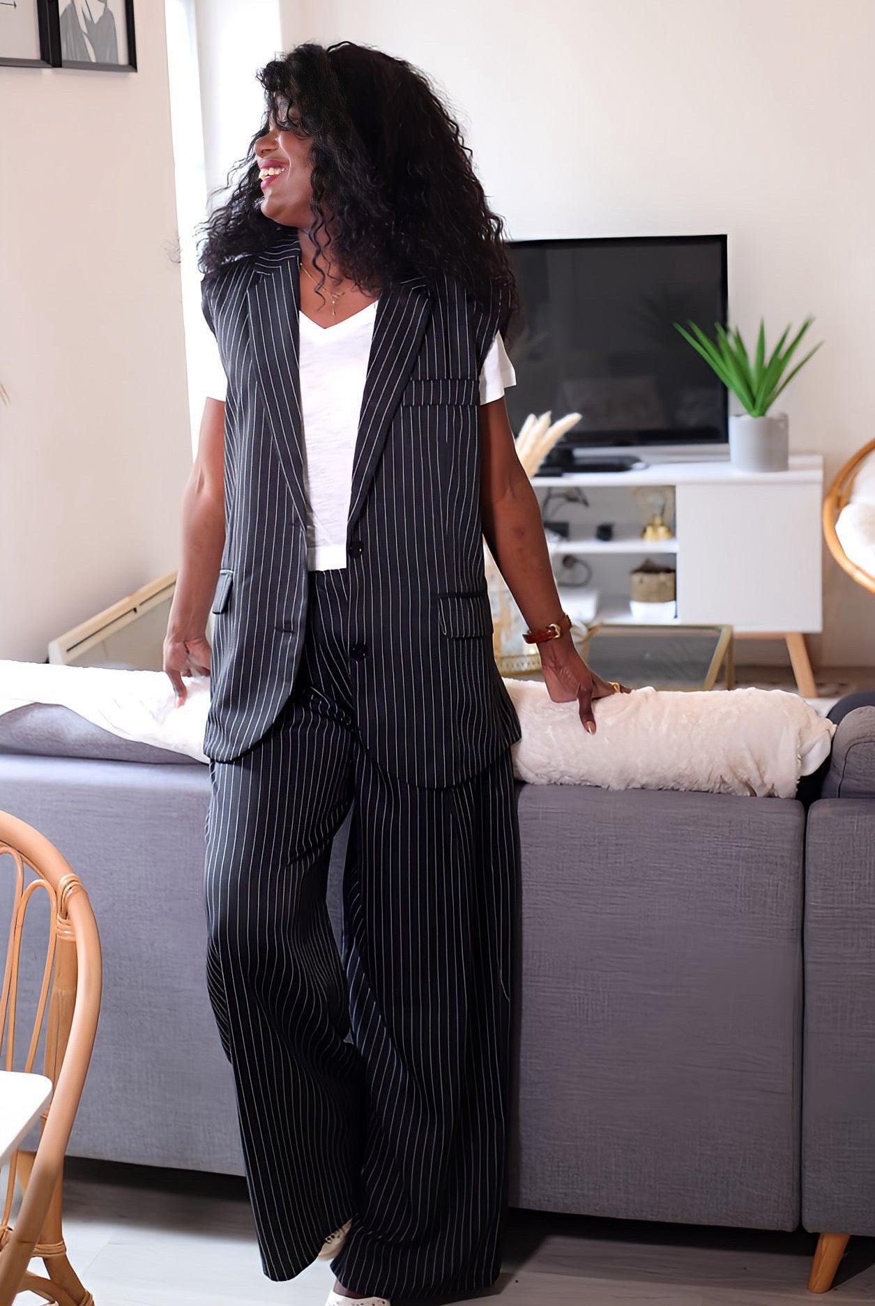 Pantalon Fluide à Rayures Taille Haute - Style Chic Noir et Blanc - beautifulshop