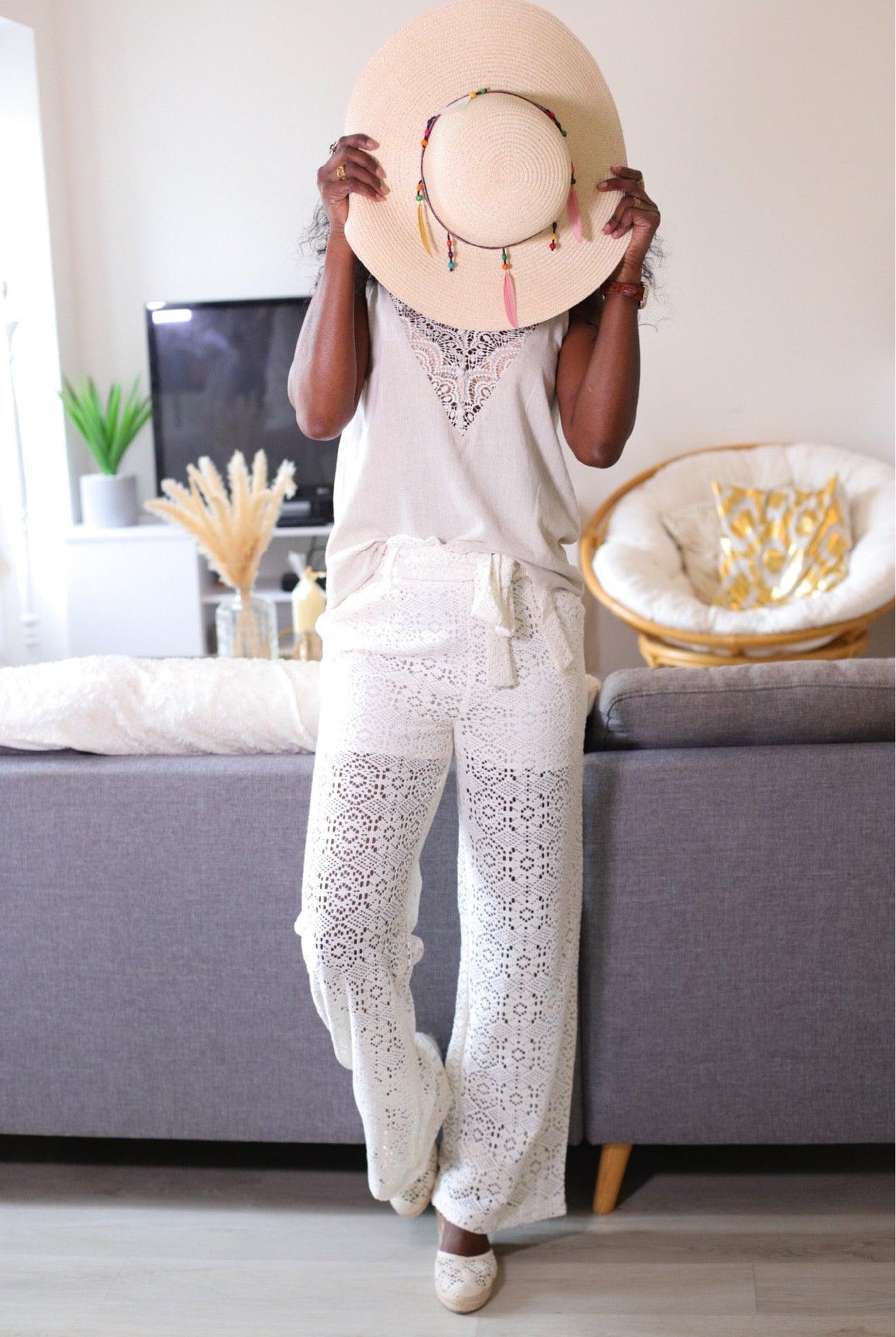 Pantalon Fluide en Coton à Crochet avec Ceinture Amovible - beautifulshop