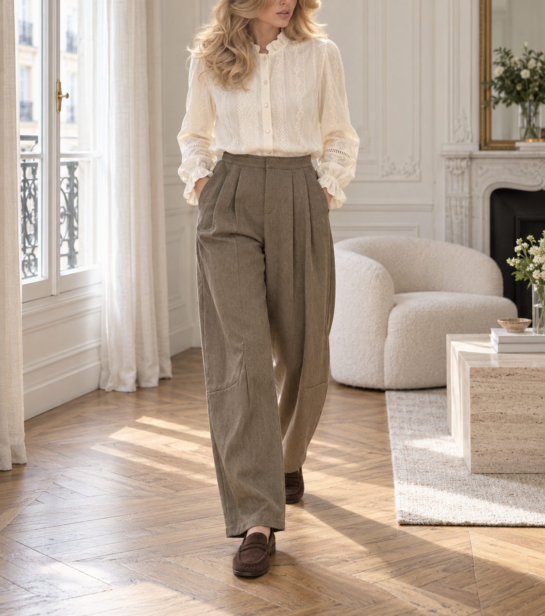 Pantalon large Margaux à pinces – taupe – Beautiful Shop