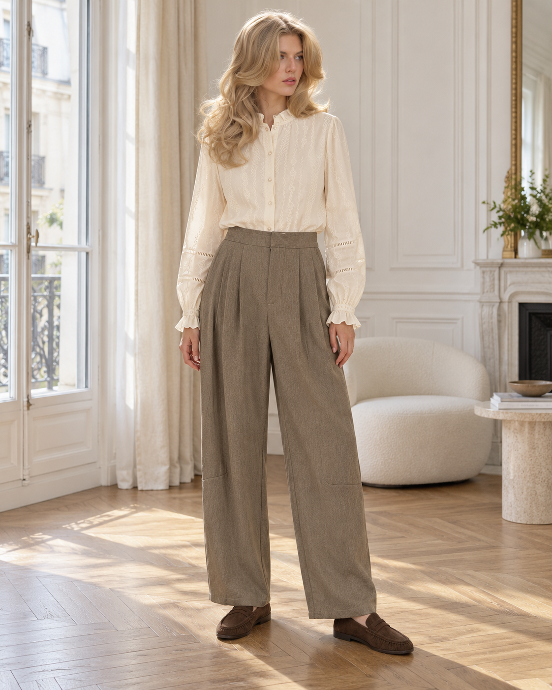 Pantalon large Margaux à pinces – taupe – Beautiful Shop
