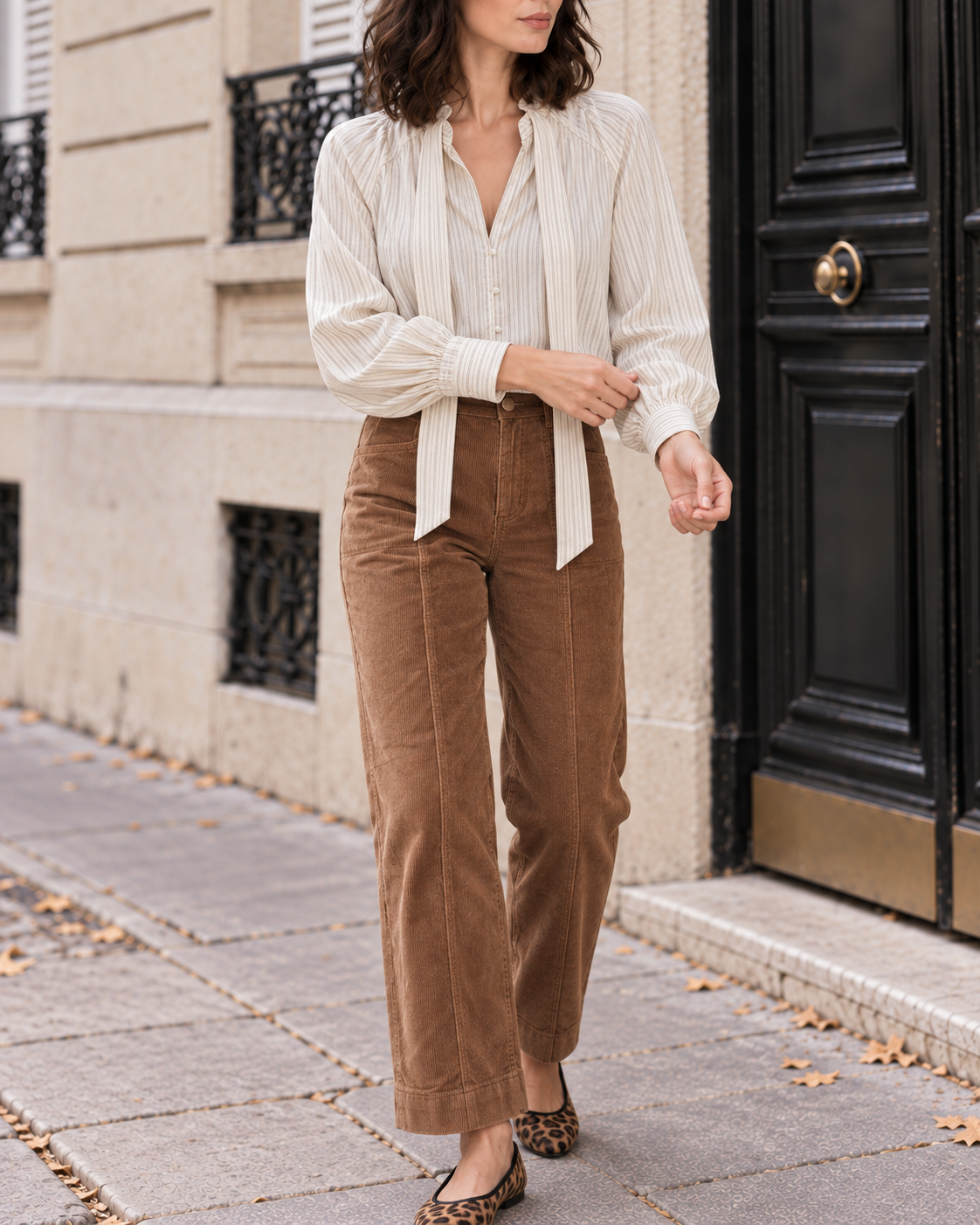 Pantalon Solène flare en velours – taupe et Chemisier Alba écru à fines rayures – Beautiful Shop