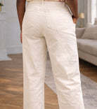 pantalon droit beige femme en coton stretch