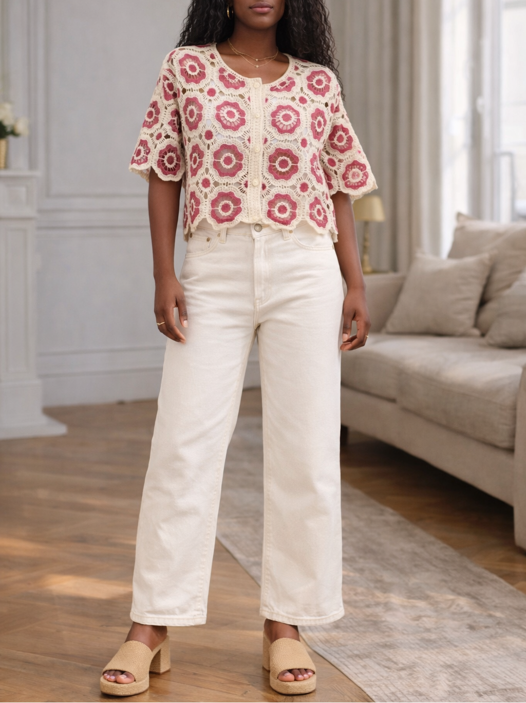 pantalon droit beige femme en coton stretch