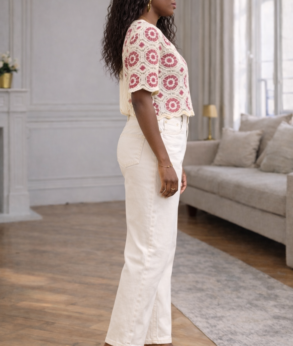 pantalon droit beige femme en coton stretch