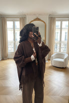 poncho femme hiver, veste à franges marron, poncho zippé oversize, cape laine femme, veste bohème chic, veste ample automne hiver