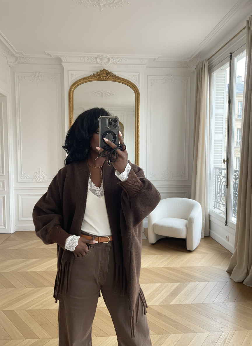 poncho femme hiver, veste à franges marron, poncho zippé oversize, cape laine femme, veste bohème chic, veste ample automne hiver