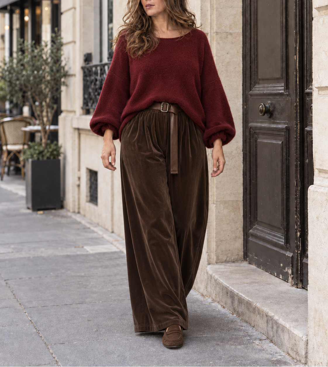 Pull Alba loose grande taille – rouge bordeaux et Pantalon palazzo Élise en velours – chocolat – Beautiful Shop