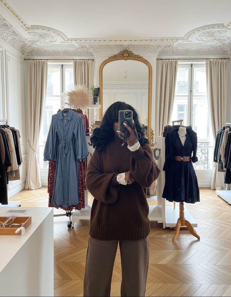 pull chocolat femme, pull oversize maille, pull manches bouffantes, pull col montant hiver, pull chaud italien, pull ample automne hiver, maille douce femme