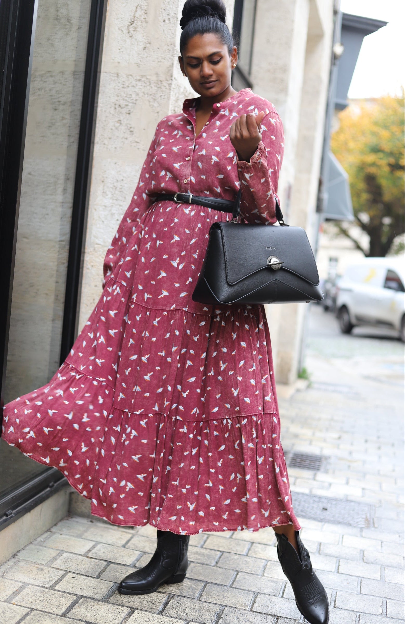Robe chemise longue marron à imprimé feuillage – Beautiful Shop
