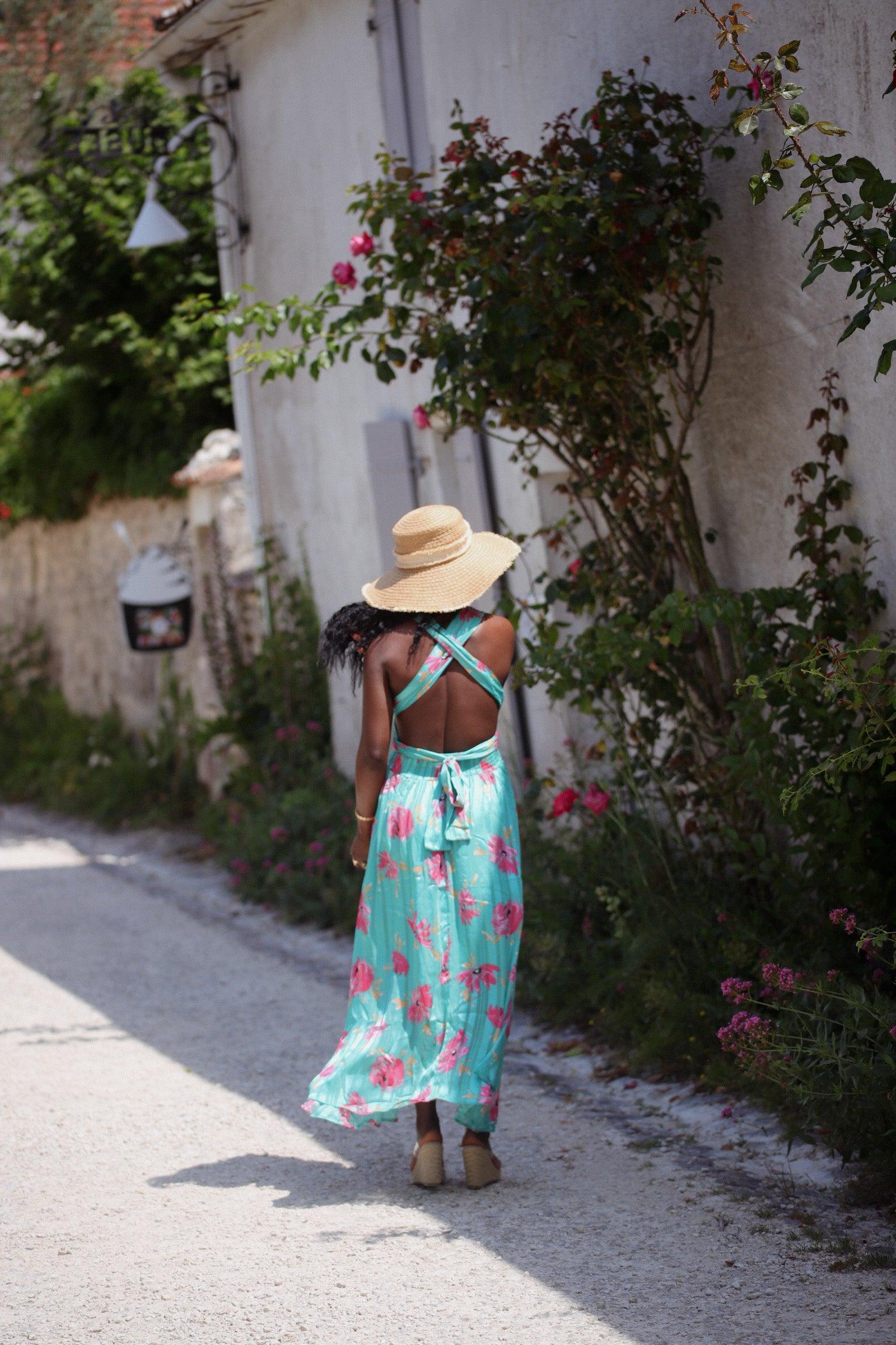 Robe Longue Dos Nu, Col V - Imprimé aux Tons Verts Brésil - beautifulshop