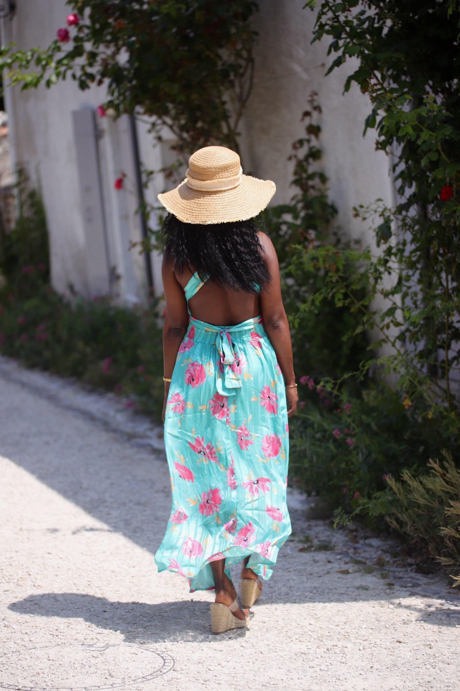 Robe Longue Dos Nu, Col V - Imprimé aux Tons Verts Brésil - beautifulshop