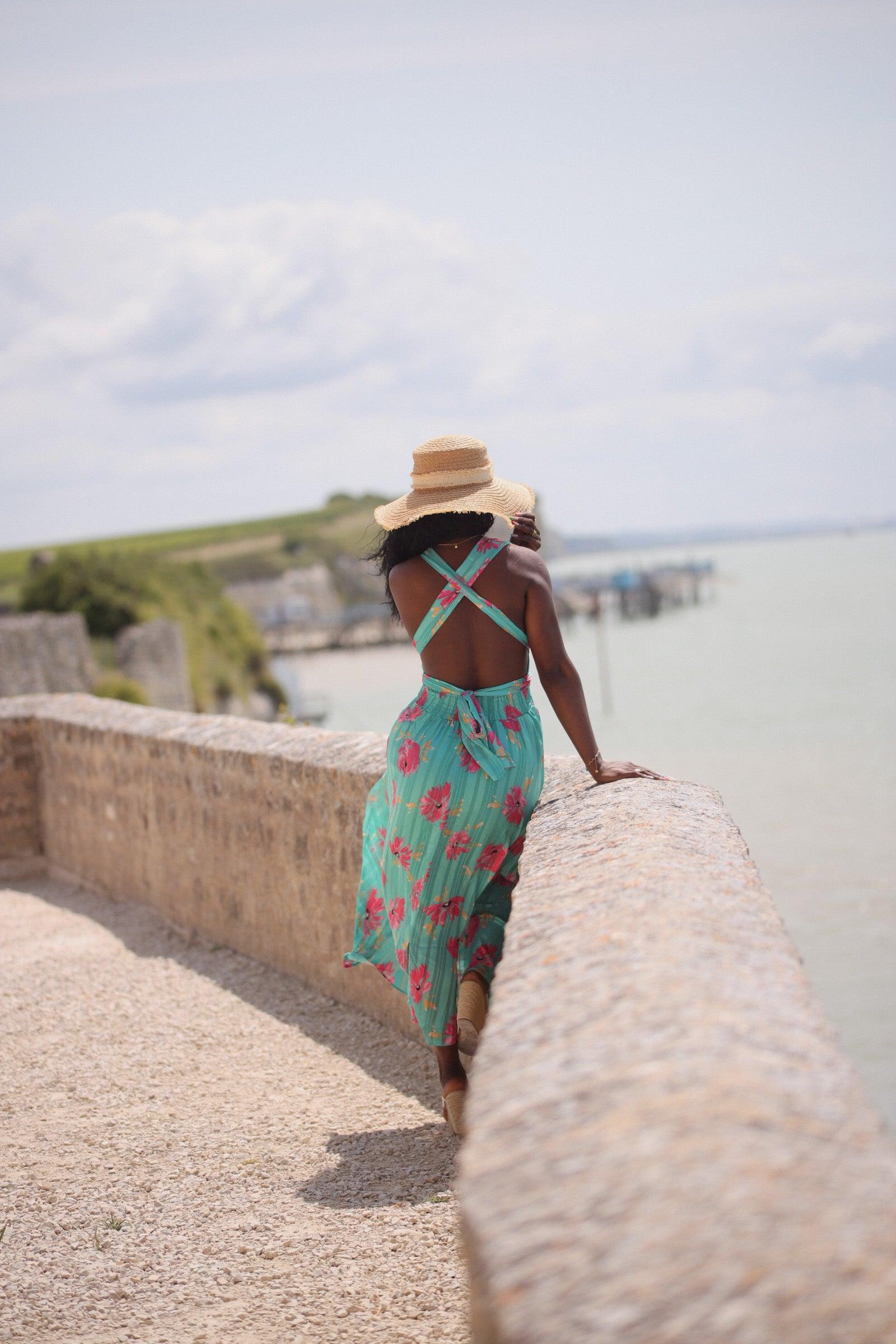 Robe Longue Dos Nu, Col V - Imprimé aux Tons Verts Brésil - beautifulshop