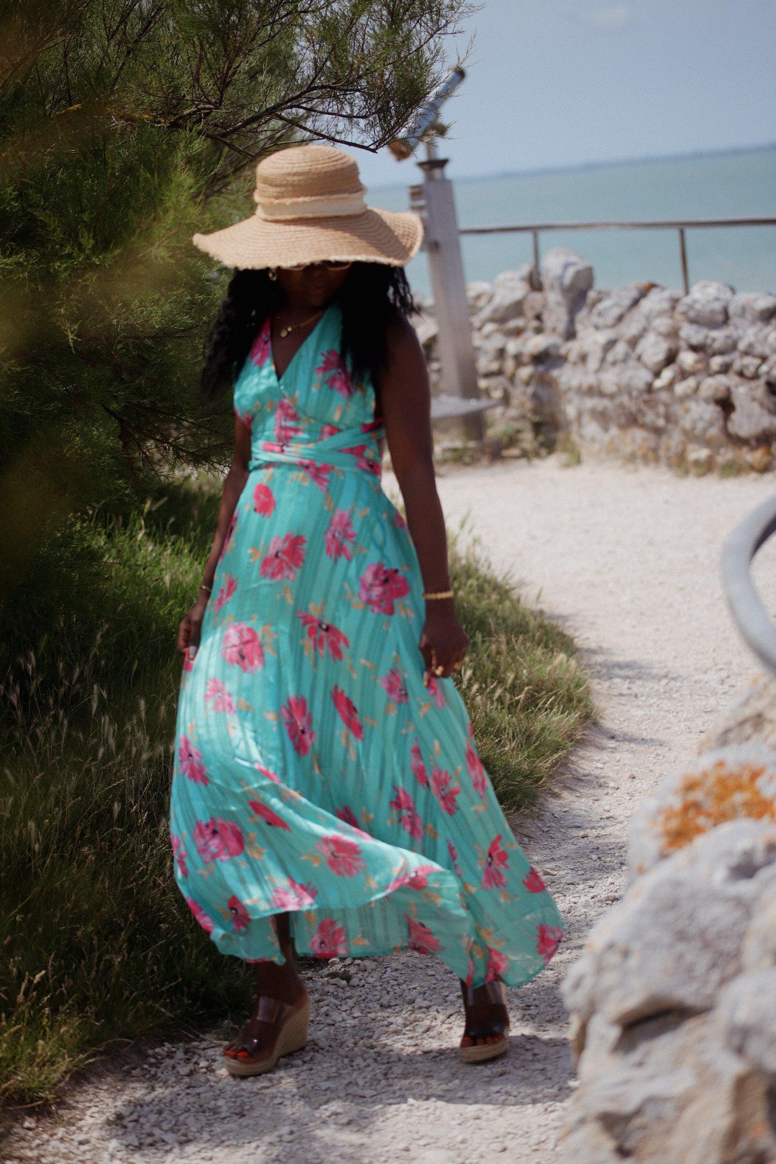 Robe Longue Dos Nu, Col V - Imprimé aux Tons Verts Brésil - beautifulshop