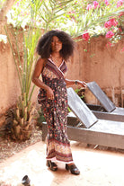 Robe longue dos nu imprimée noire - beautifulshop