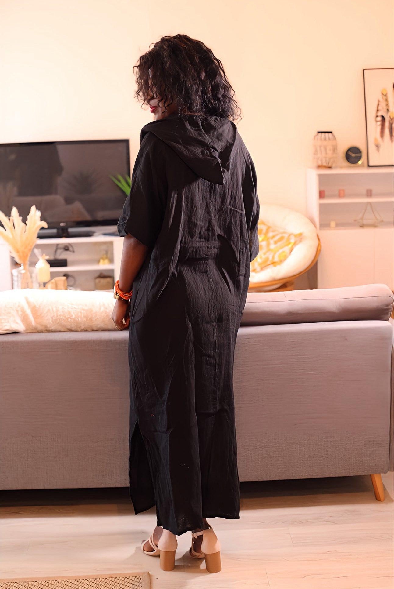 Robe Longue en Lin Fluide Noir avec Capuche - beautifulshop