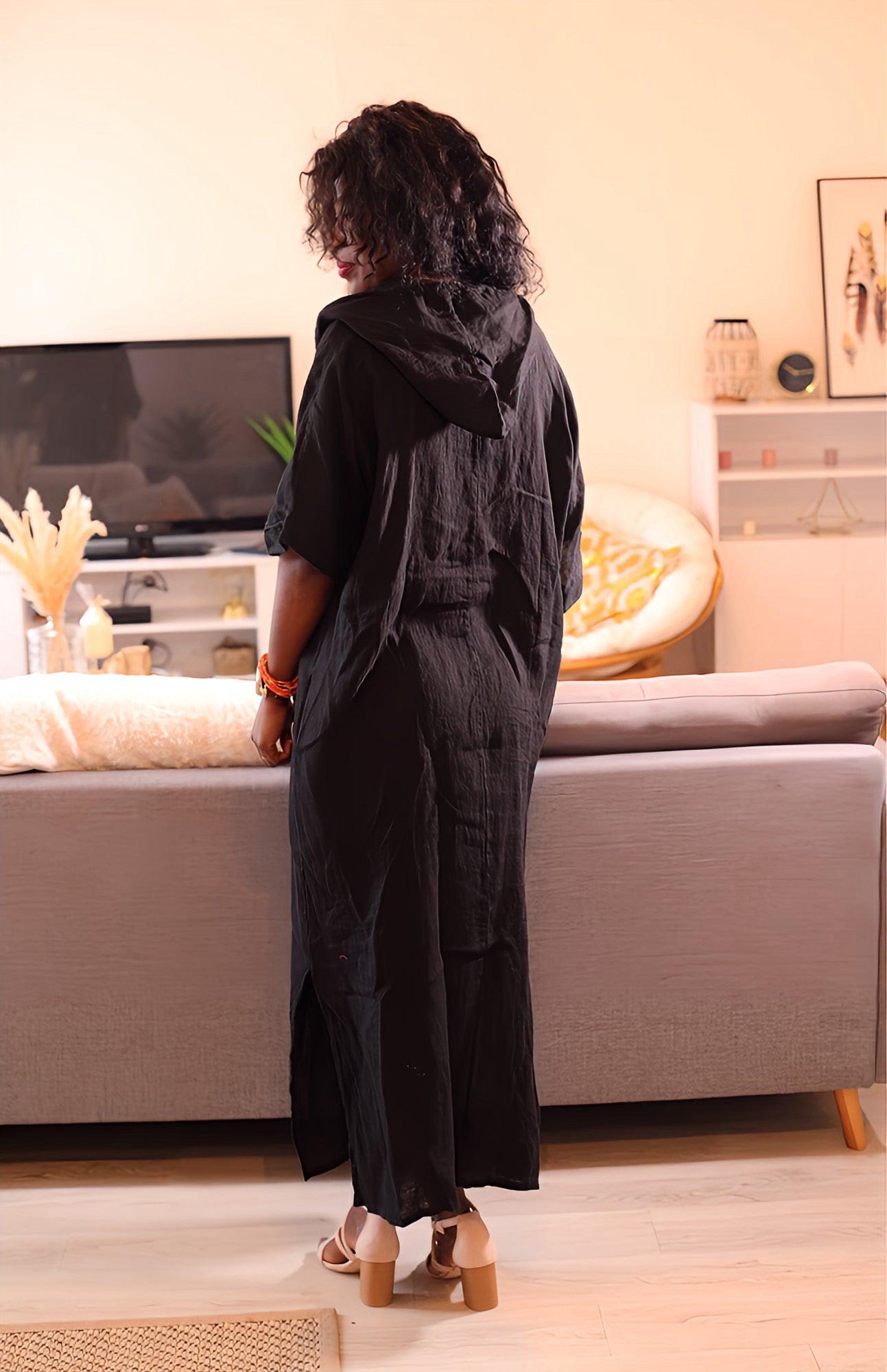 Robe Longue en Lin Fluide Noir avec Capuche - beautifulshop