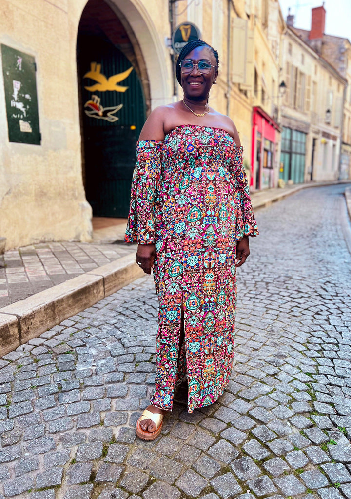 Robe longue multicolore à épaules nues - beautifulshop