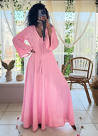 Robe Longue Rose Fluide à Col en V - beautifulshop