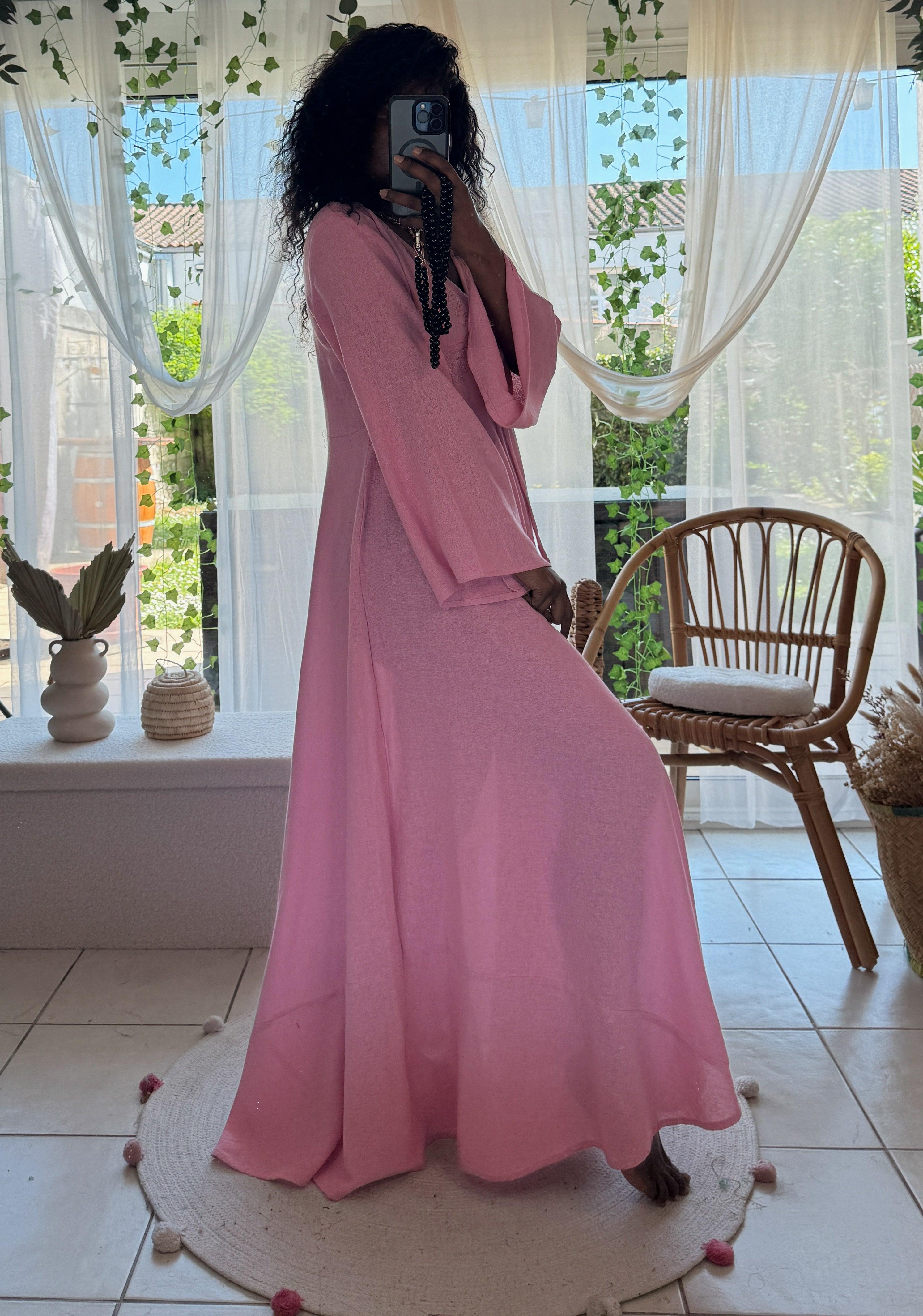 Robe Longue Rose Fluide à Col en V - beautifulshop