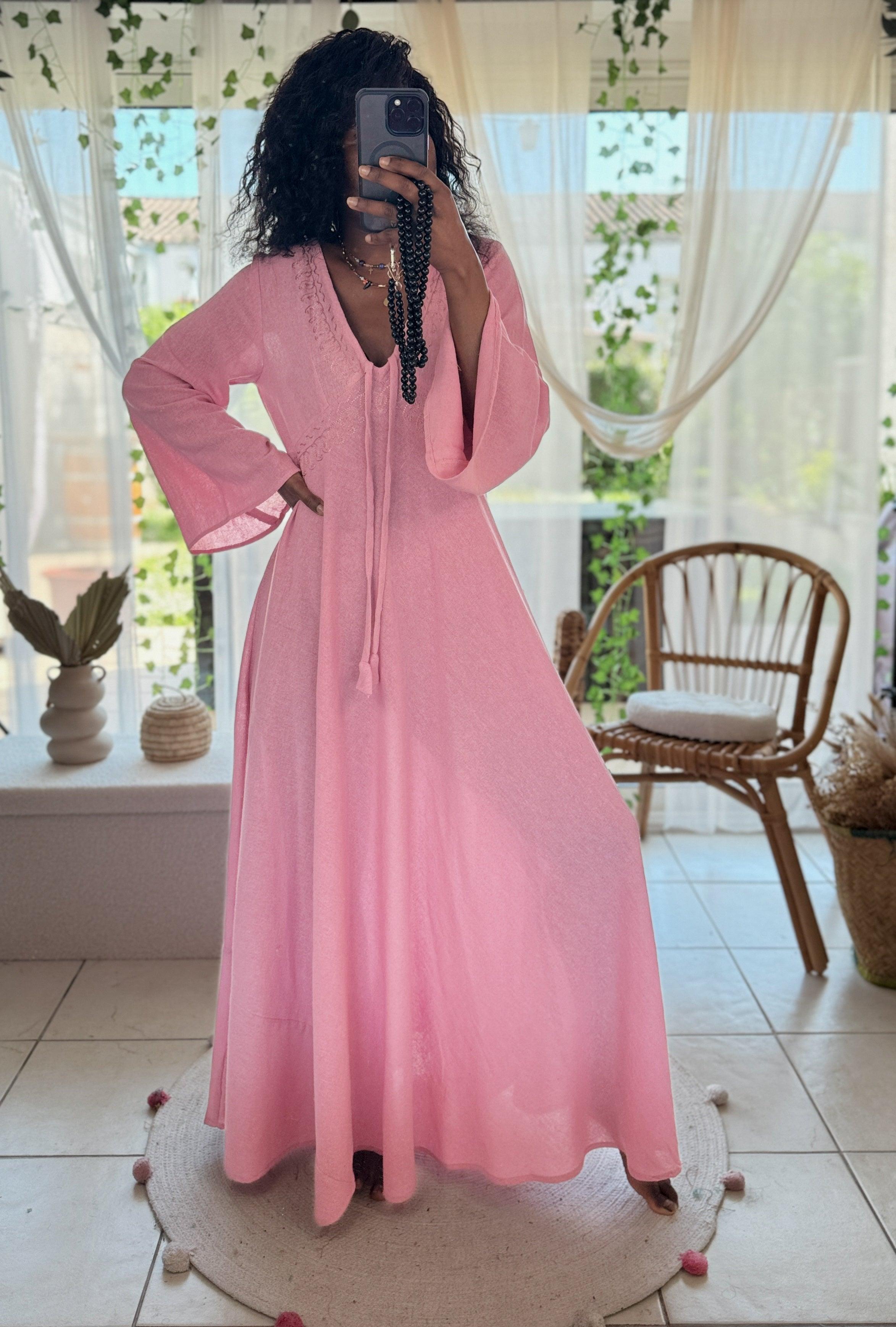 Robe Longue Rose Fluide à Col en V - beautifulshop